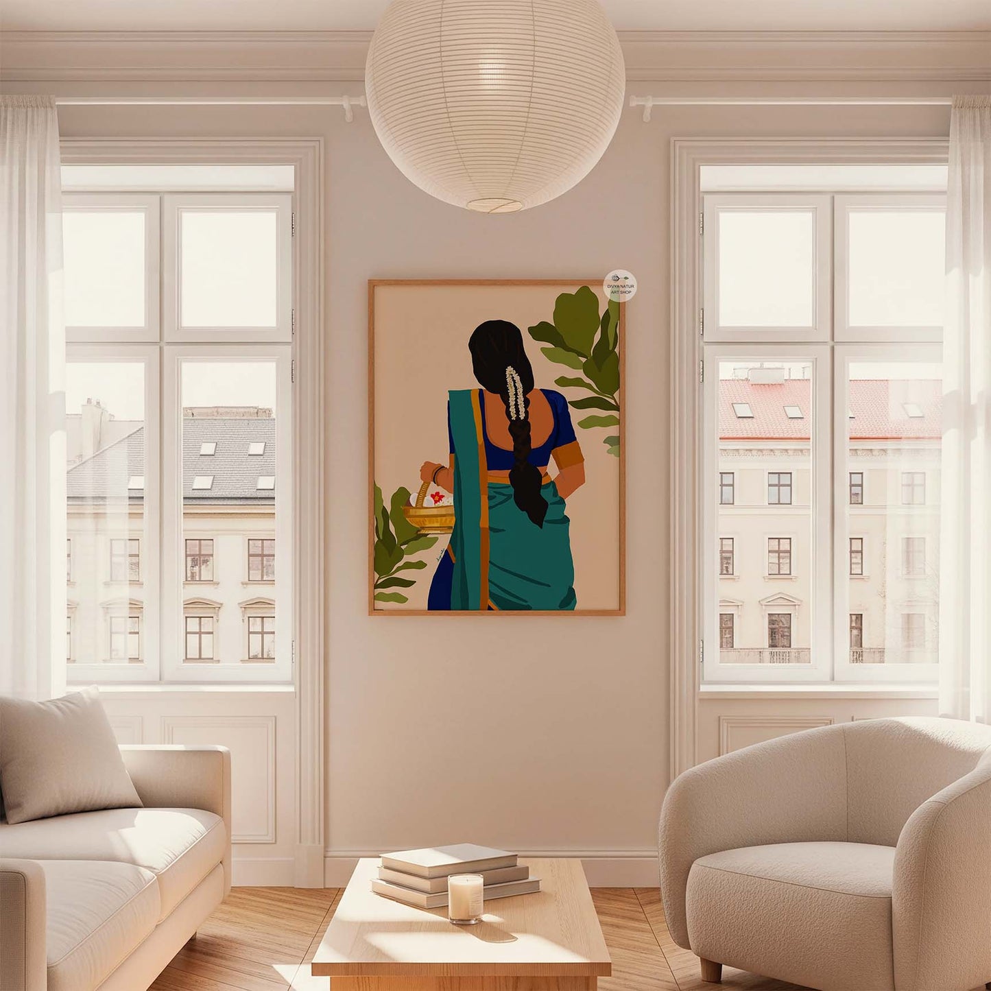 Modern fine art decor featuring South Indian woman in vibrant sari with floral adornment.