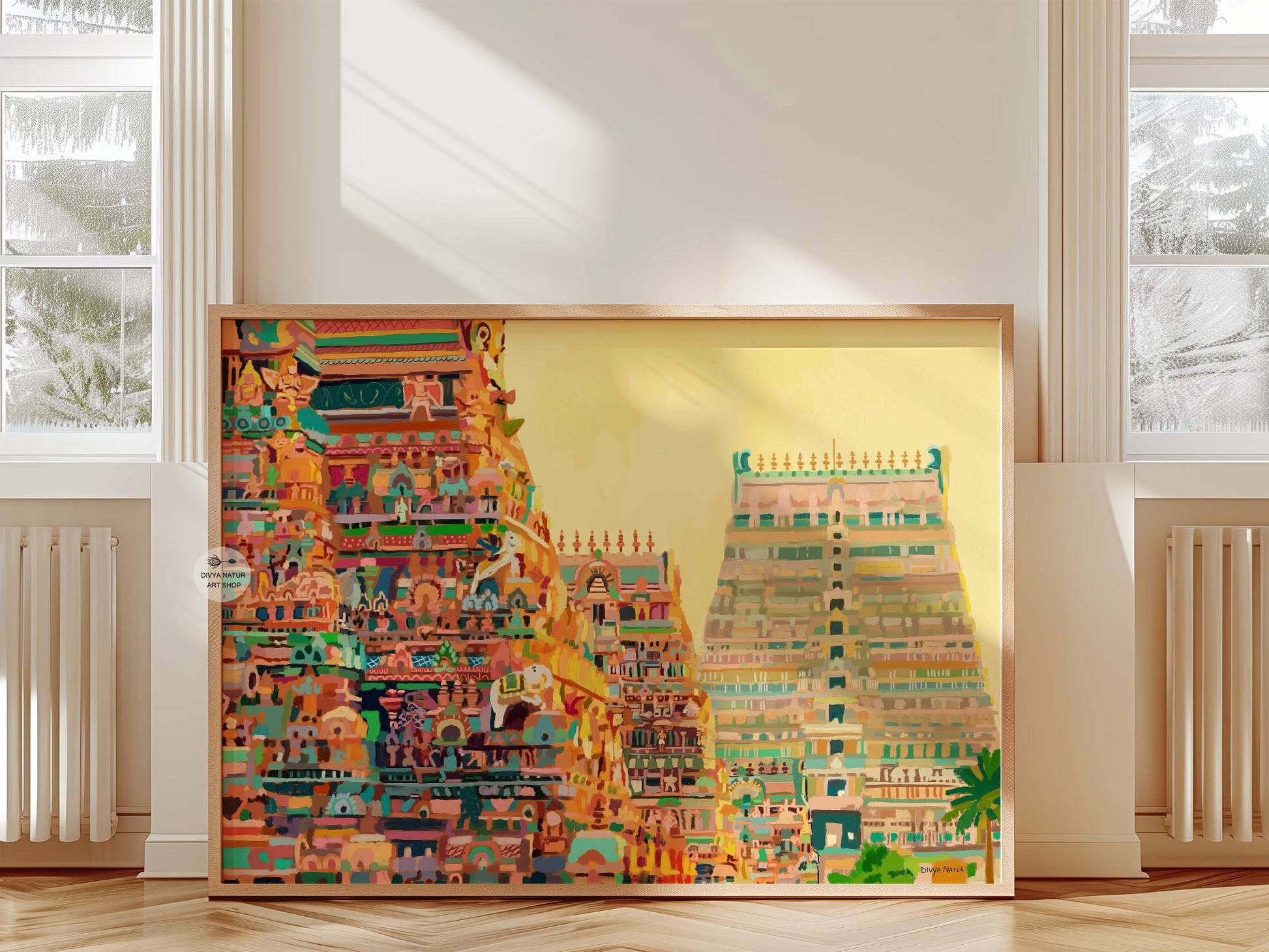 Cultural heritage painting of a historic Tamil Nadu temple.