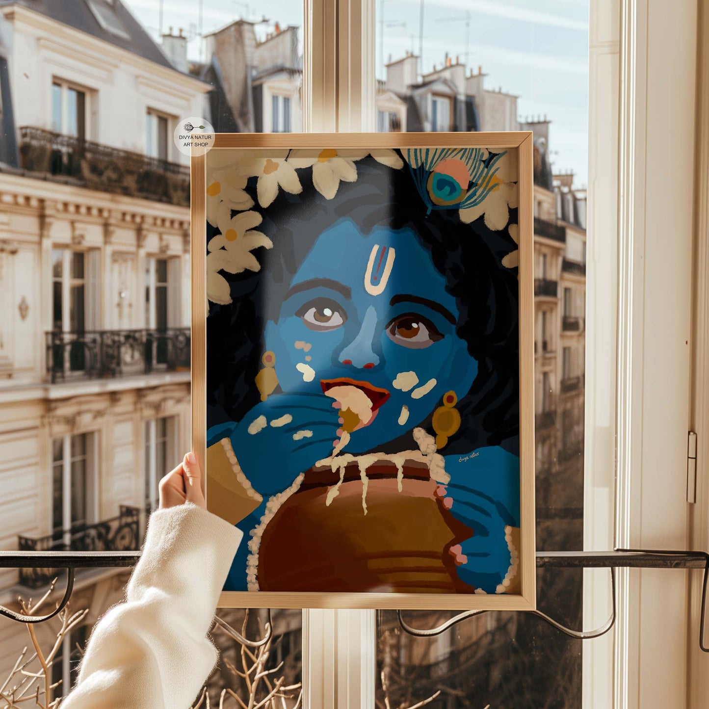 Hindu Little Krishna fine art print in blue tones with traditional ornaments