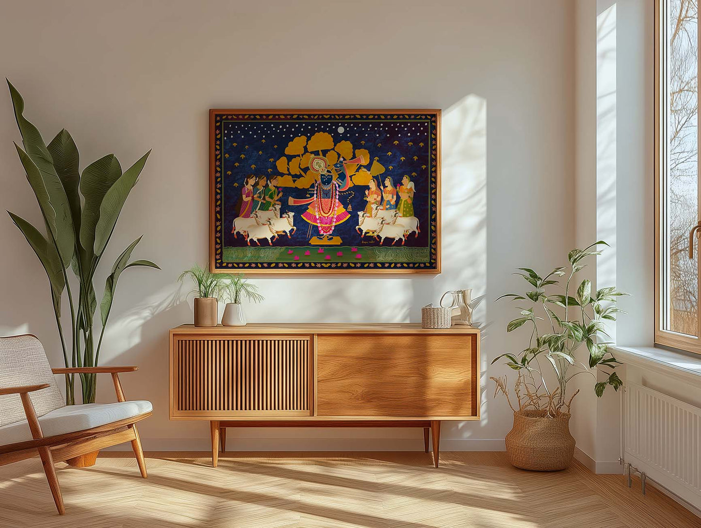 Krishna Pichwai artwork with gopis in sarees, cows, and festive temple motifs