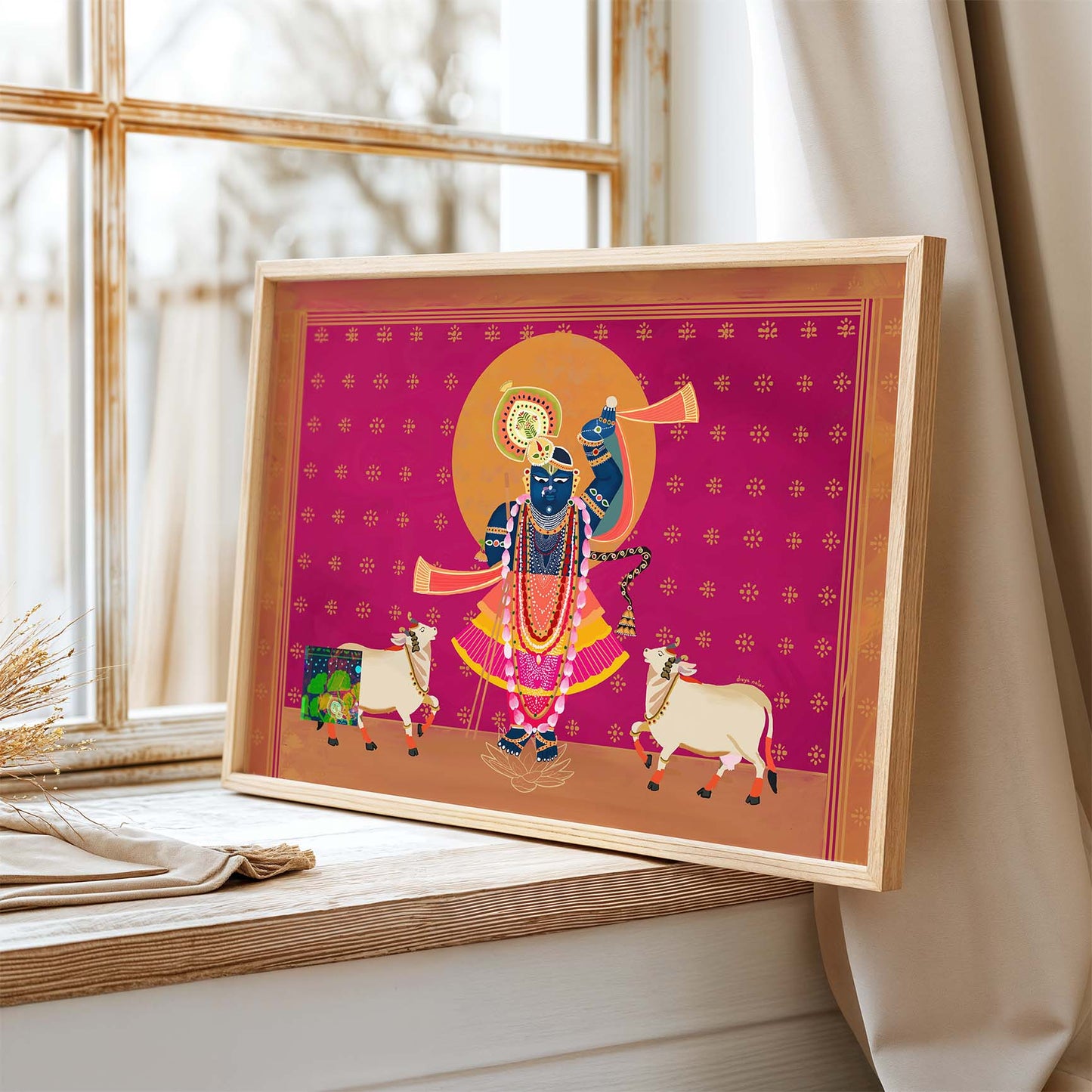 Krishna fine art print in traditional Indian style with cows and ornaments