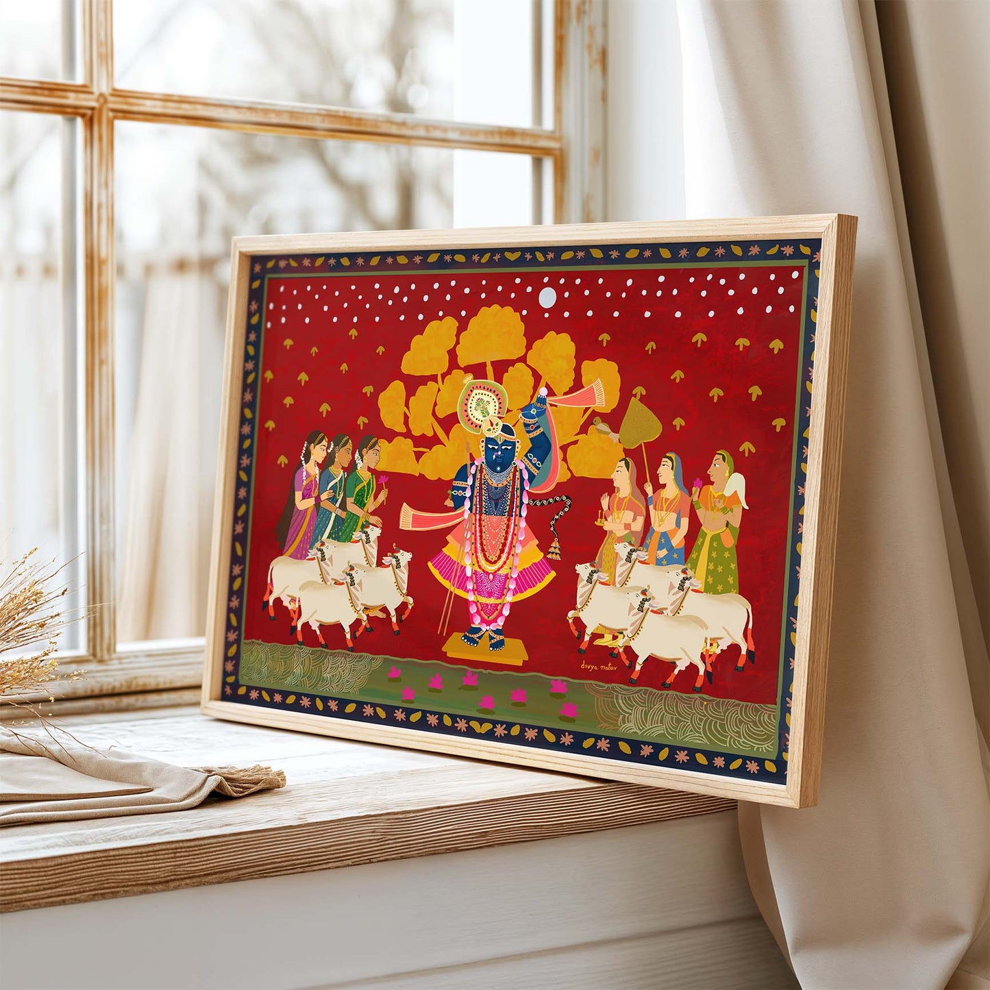 Krishna artwork blending South and North Indian traditions in vibrant style