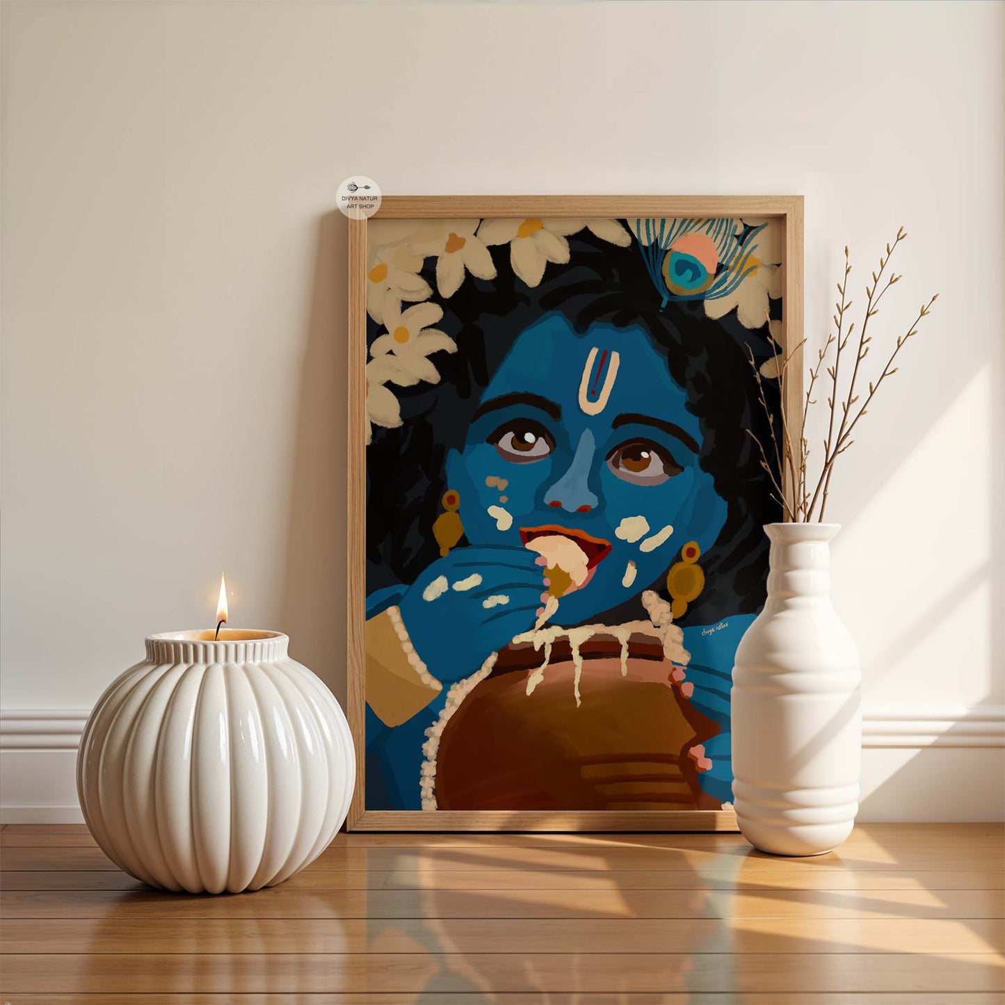 Spiritual Krishna wall decor with butter pot and peacock feather detail
