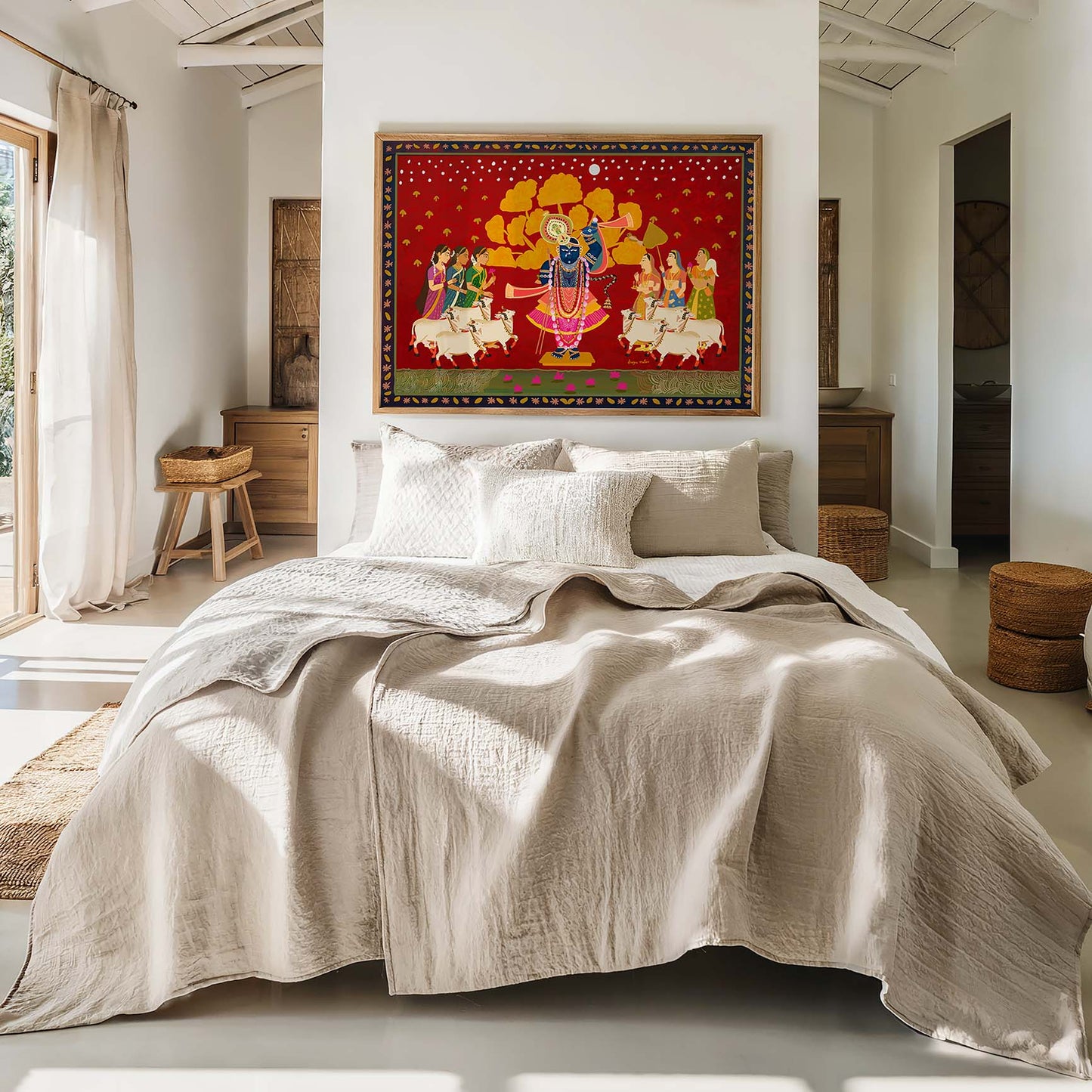 Cultural Pichwai Krishna wall art with gopis in sarees and temple motifs