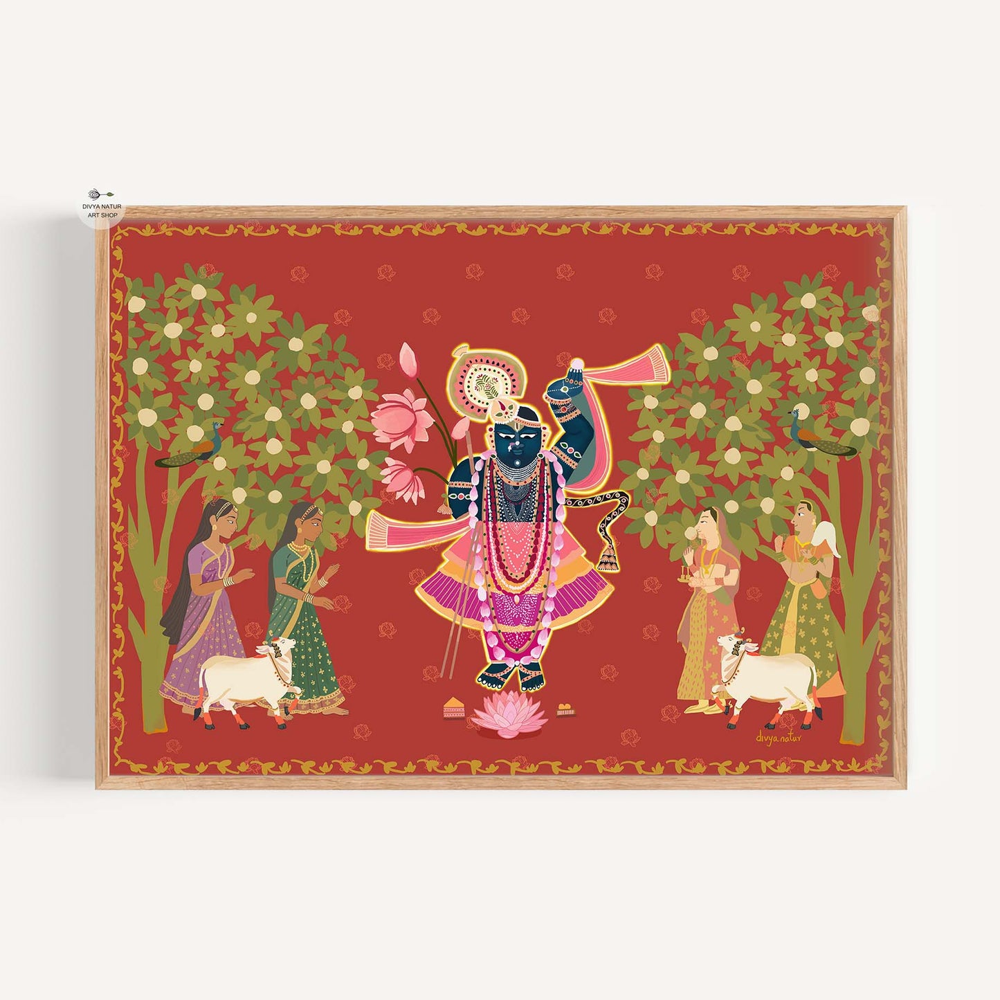 Digital art print of Lord Krishna with gopis beneath trees, inspired by traditional Indian folk art.