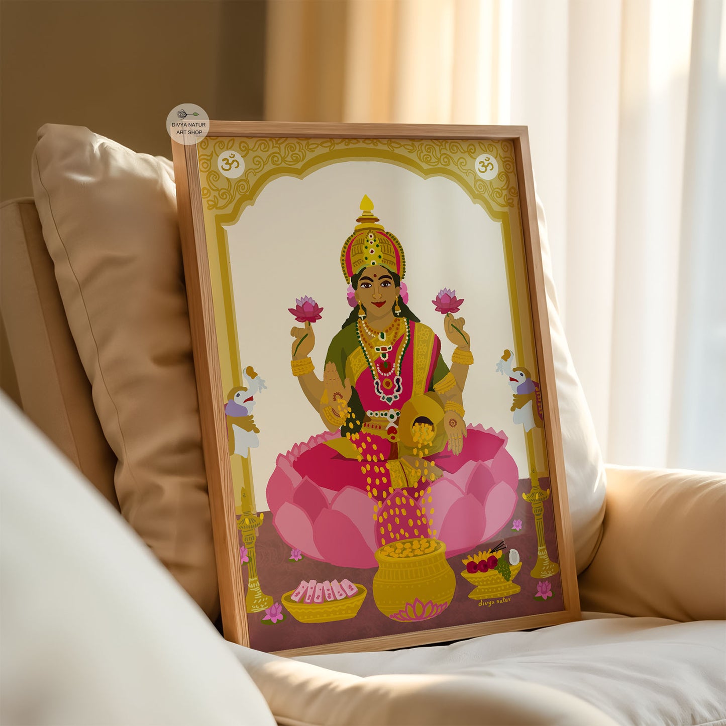 Traditional Lakshmi wall art with lotus flowers and cultural South Indian style
