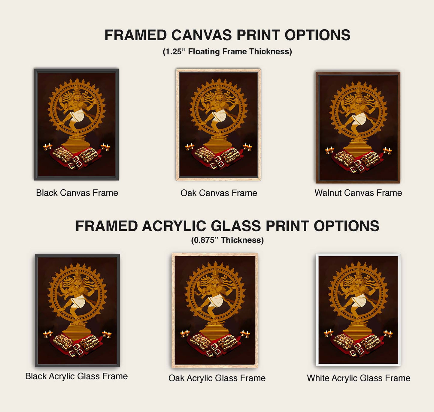 Spiritual art print of Nataraja statue glowing in warm golden tones with temple-inspired setting.