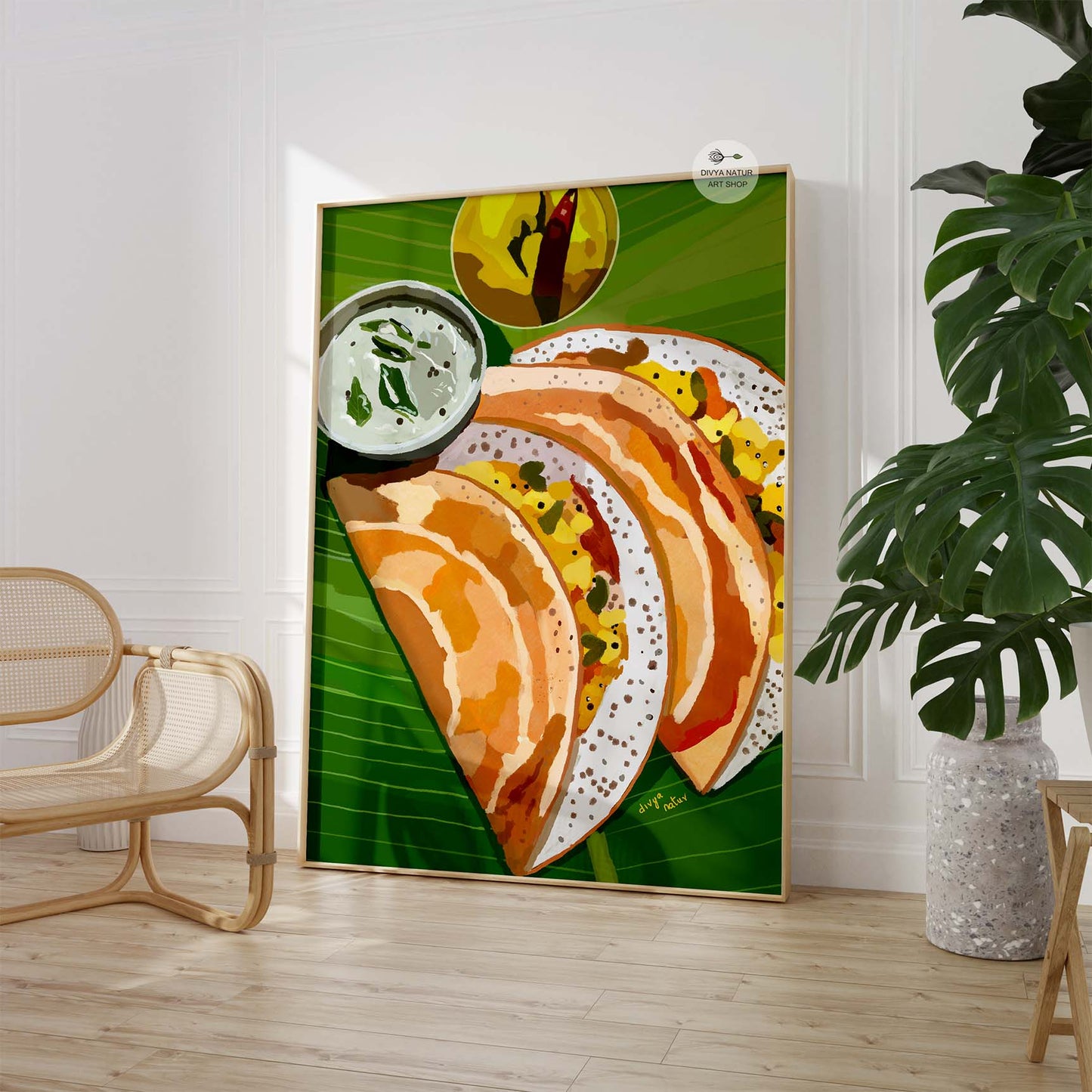 South Indian food poster featuring dosa and chutney – digital download art.