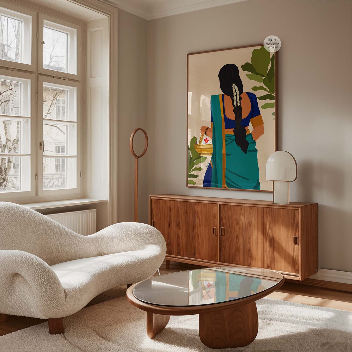 Cultural Indian art of woman in blue saree with long braid and jasmine flowers.