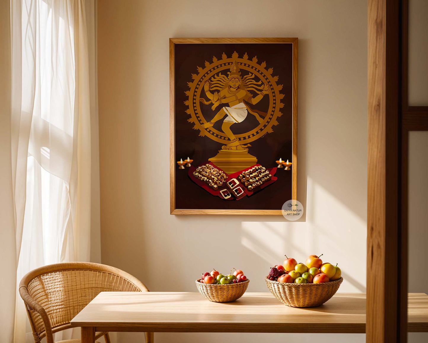 Modern cultural art print of Nataraja Shiva with oil lamps and detailed sacred symbolism.