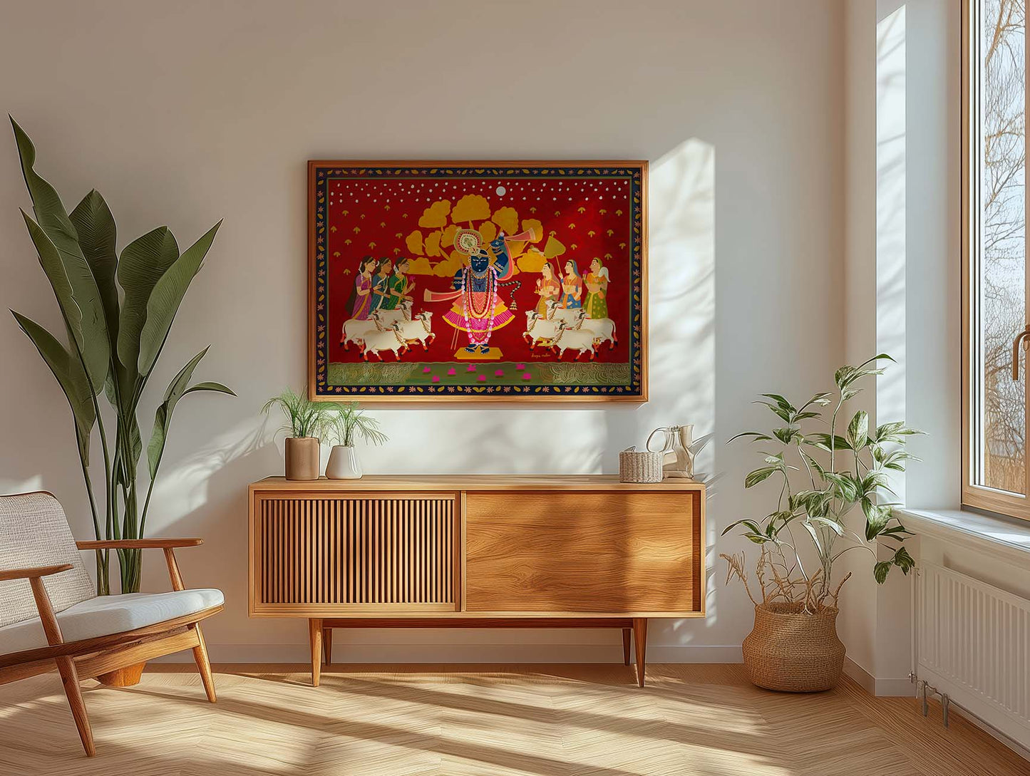 Krishna surrounded by gopis and cows in colorful Pichwai-inspired artwork