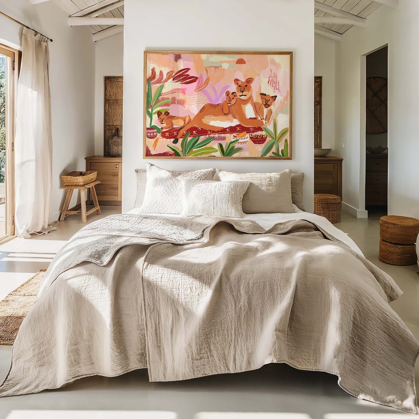 Modern wildlife art featuring mother lioness lounging on patterned mat with playful cubs nearby