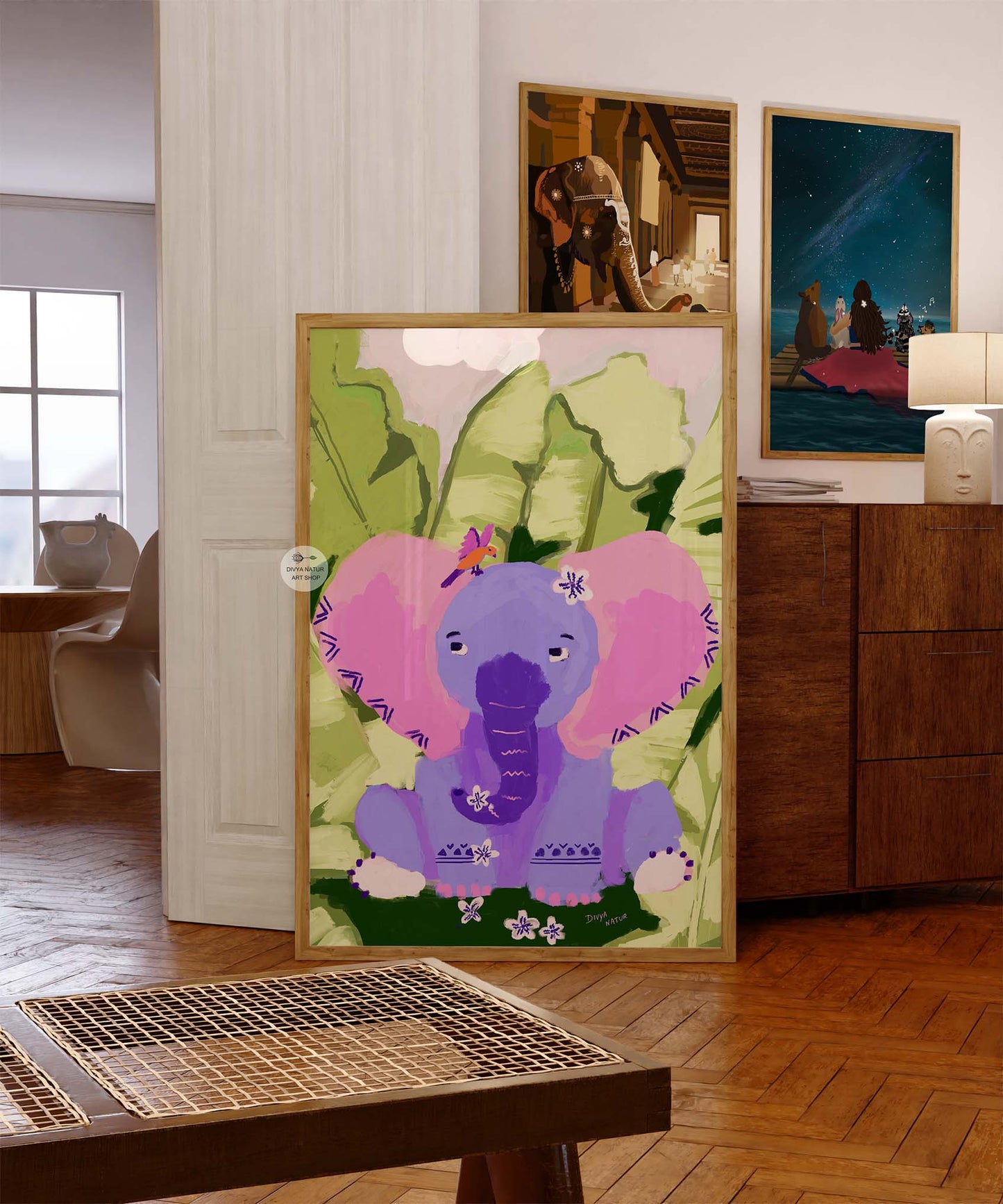 Cute purple elephant jungle wall art perfect for safari nursery and kids’ room decoration