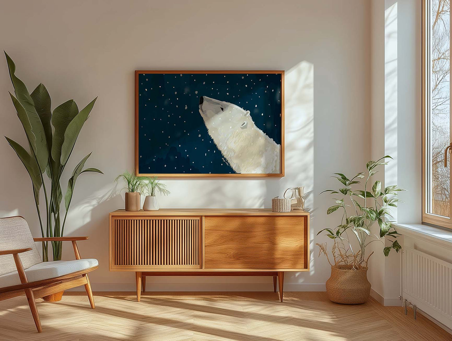 Arctic-inspired polar bear painting in night sky setting, perfect for wildlife and winter lovers