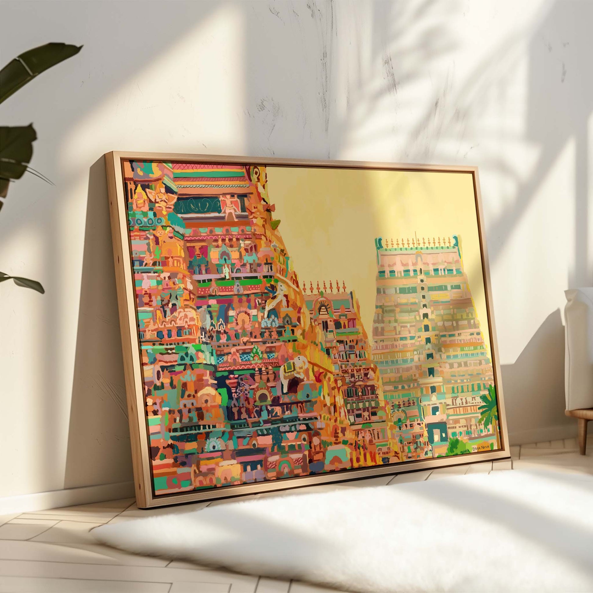 Hindu temple artwork showcasing South Indian architecture.