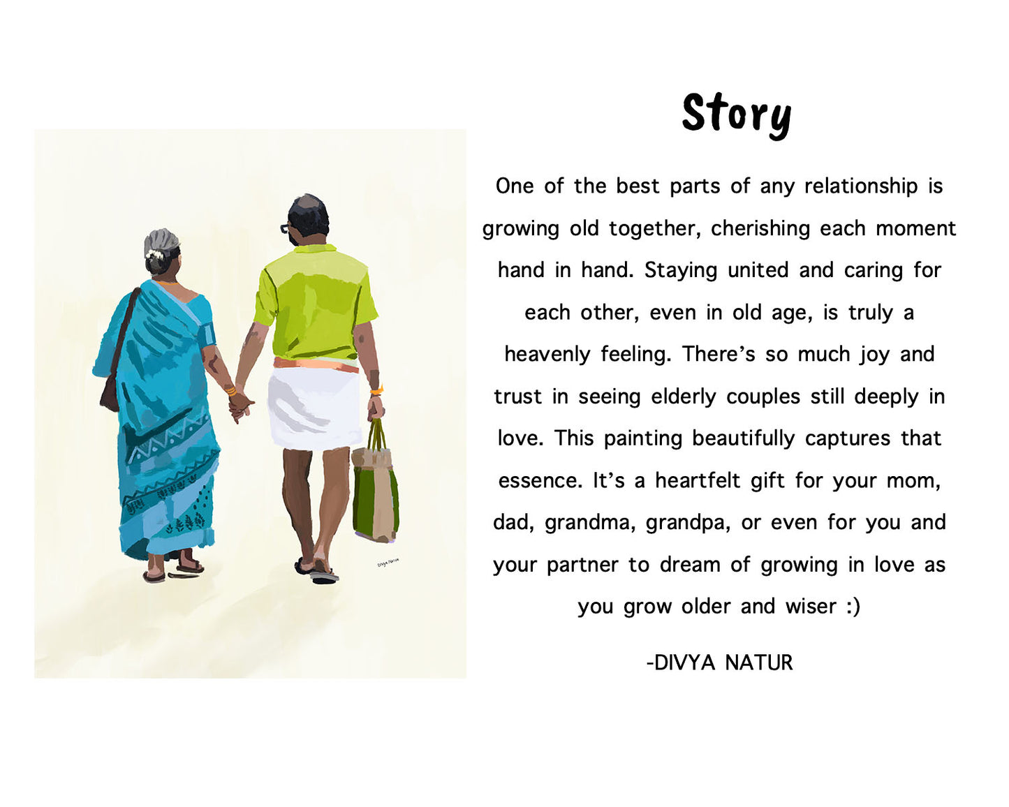Indian art print featuring a couple in a blue saree and green shirt with a shopping bag.