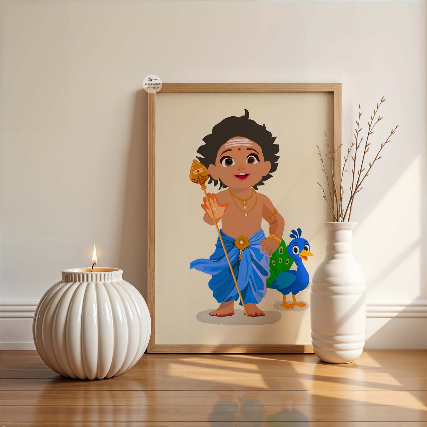 Tamil tradition inspired Baby Murugan painting with peacock, innocence, and divine energy