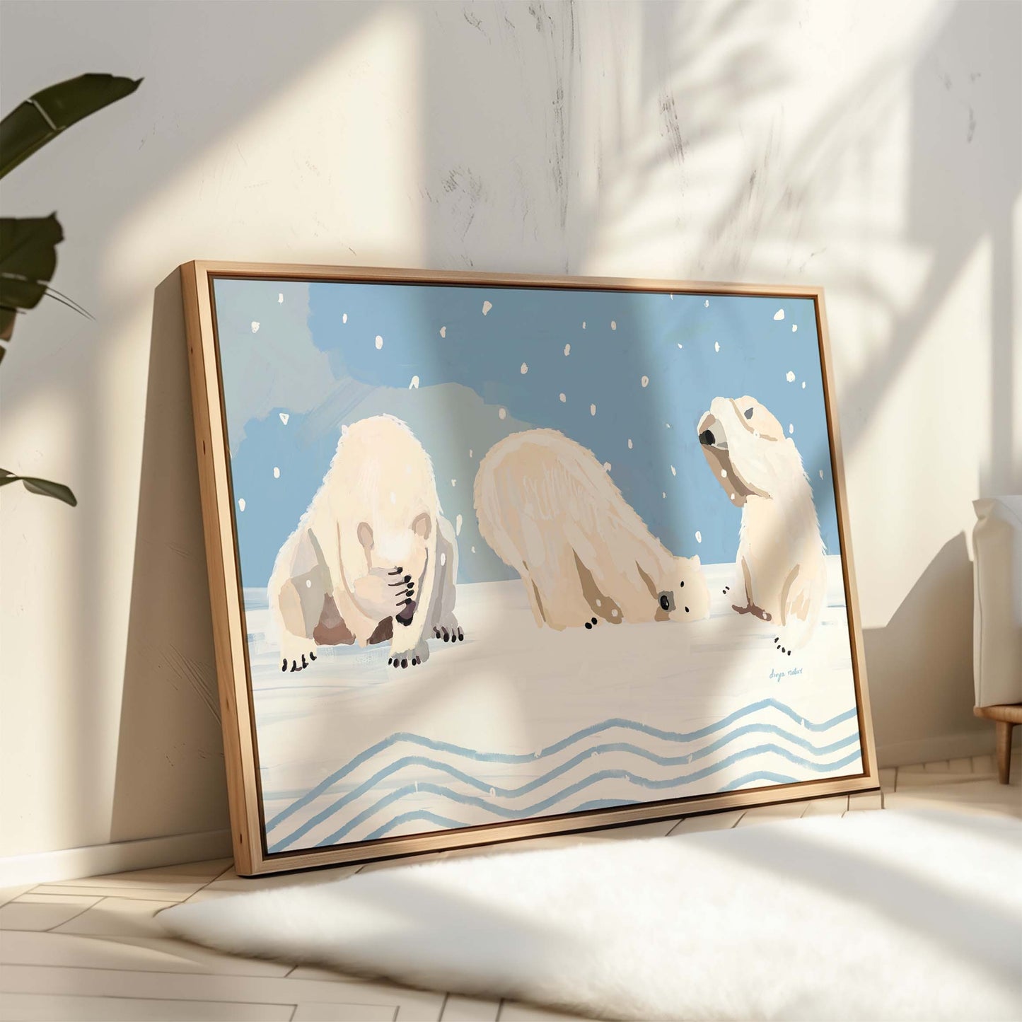 Arctic wildlife fine art print with polar bears in tender and playful poses, snowy setting décor