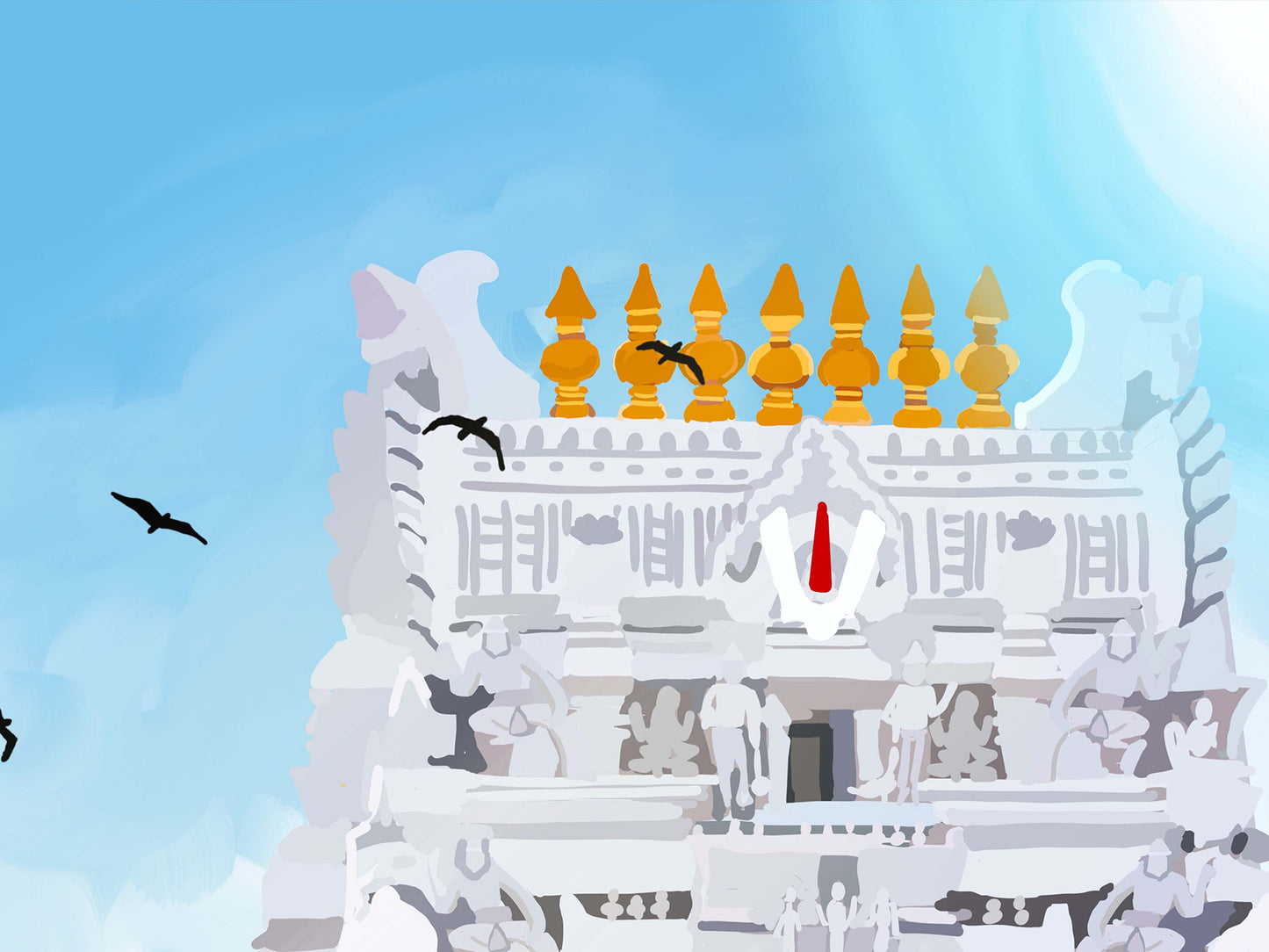 Hindu temple art print of Tirupati Balaji featuring golden dome and calm blue sky background