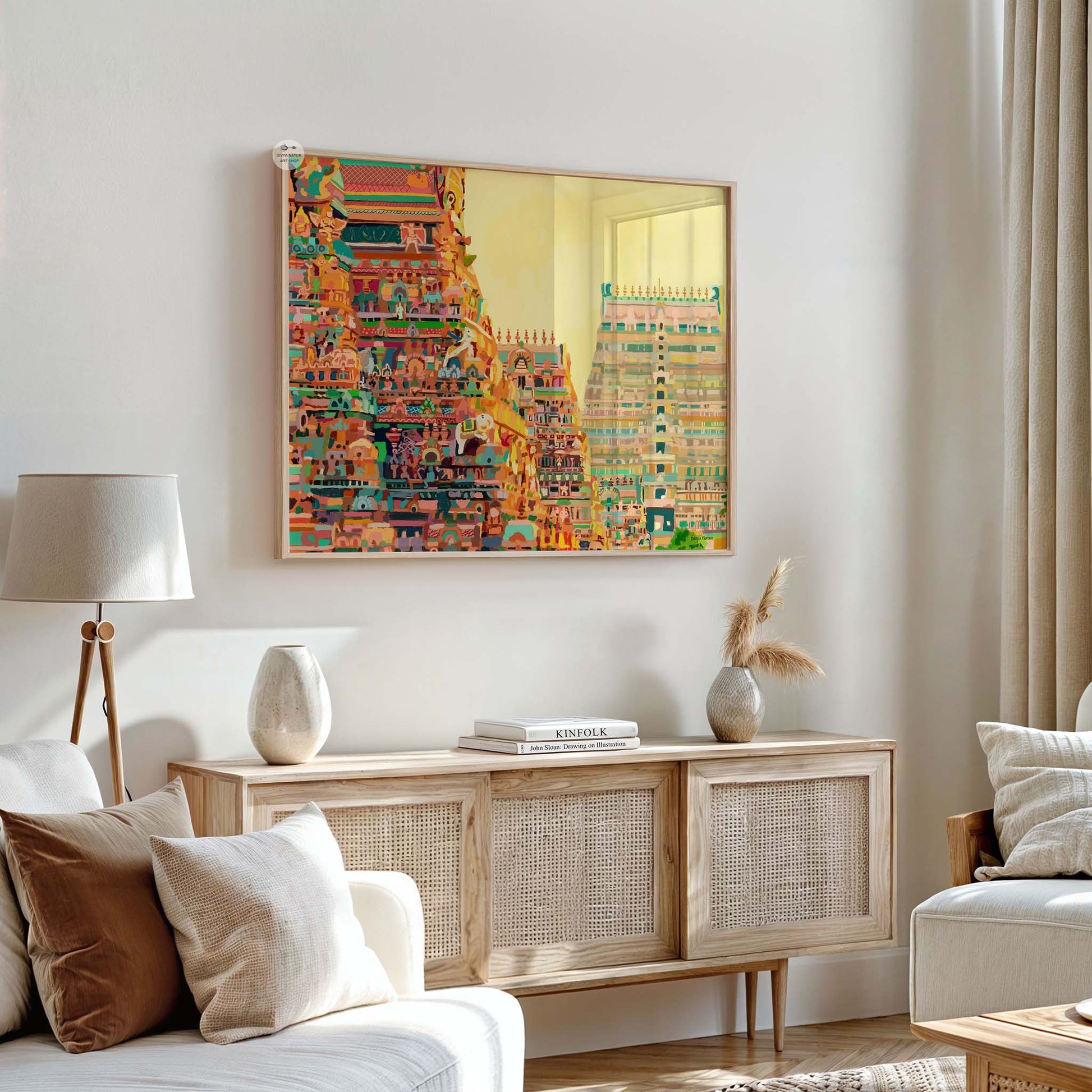 Traditional Indian temple painting with ornate sculptures.