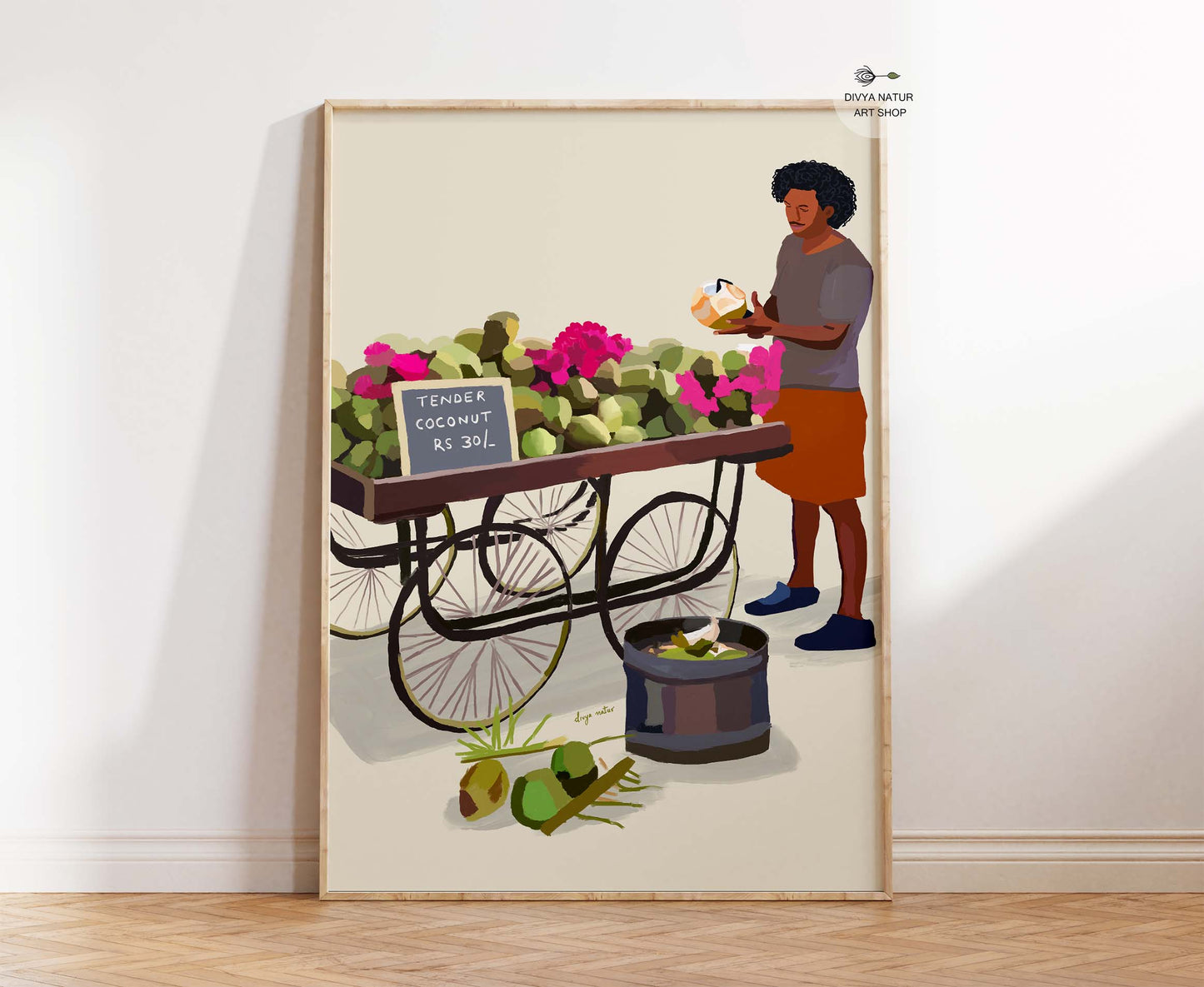 Fine art print showing tropical Indian coconut seller with fruit cart in warm modern tones.