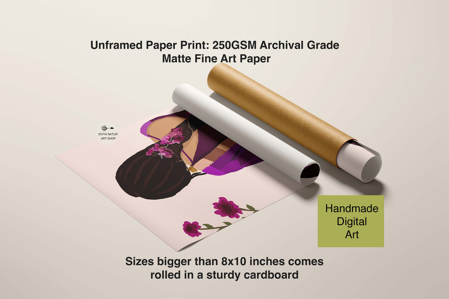 Unframed paper print with a roll of INDIAN matte fine art paper on a light gray background