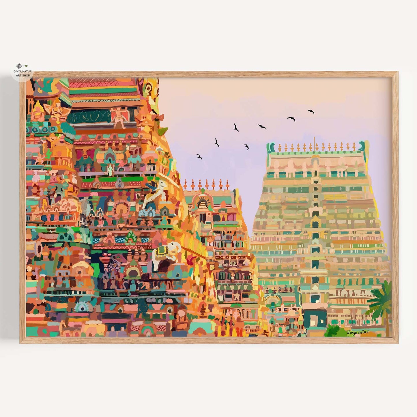 Hand-illustrated art print of Srirangam Ranganathaswamy Temple gopuram with vibrant details