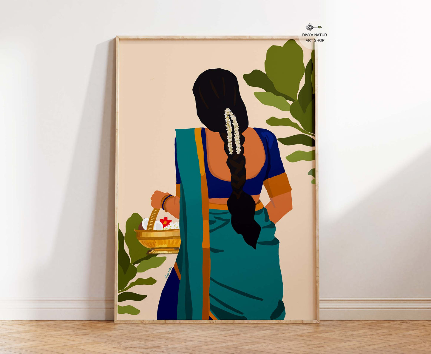 Fine art print of South Indian woman in saree with jasmine braid holding a basket of flowers.