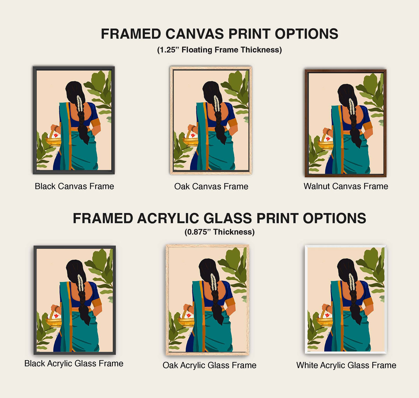 Elegant artwork of Indian woman wearing saree with jasmine braid, perfect wall decor.