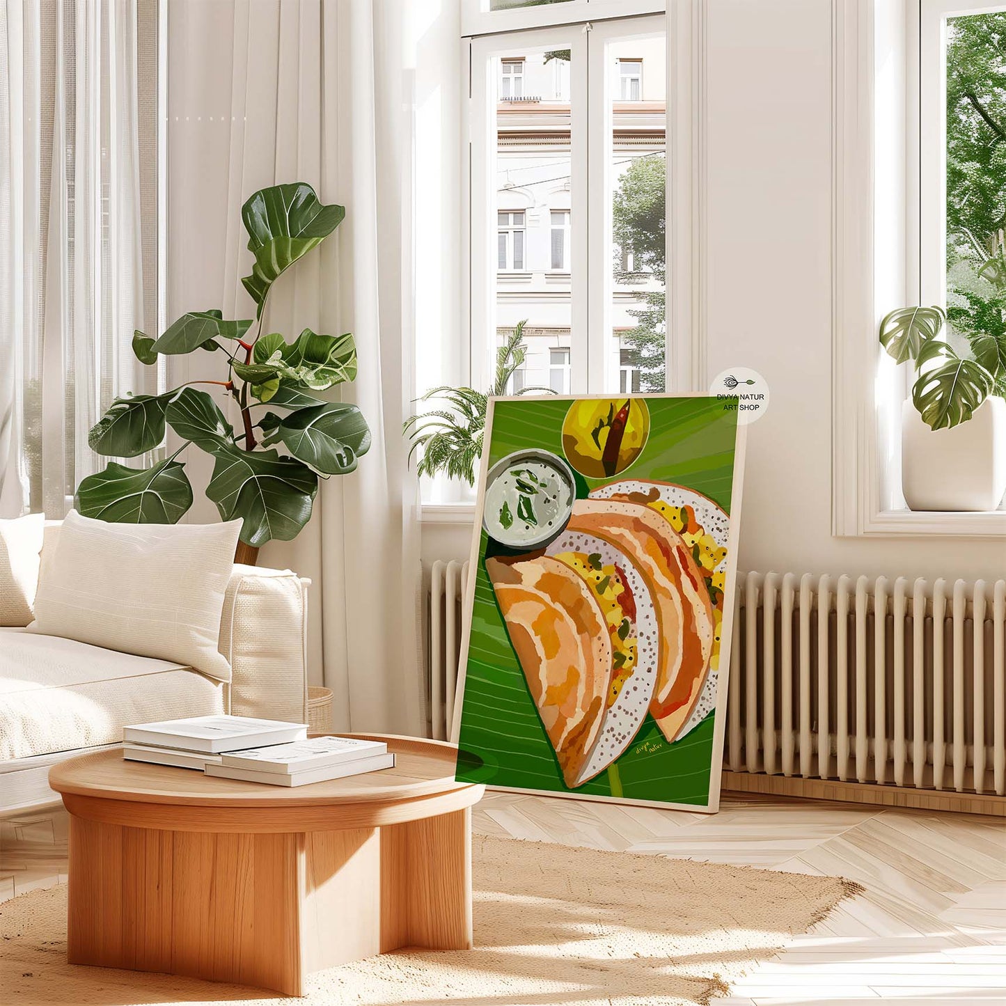 Indian kitchen art print with dosa and chutney, traditional food décor.