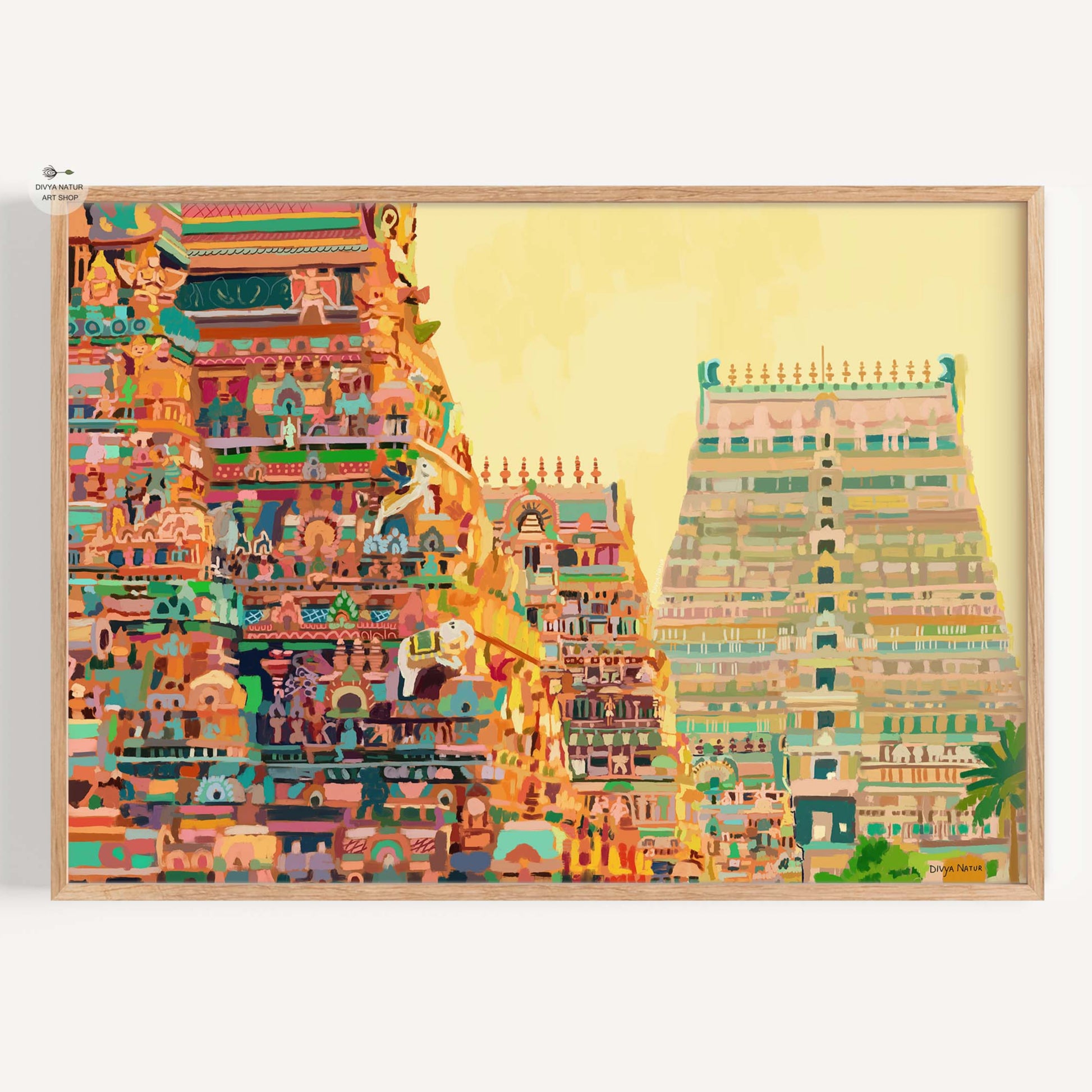Colorful painting of Srirangam Temple with intricate Gopuram.