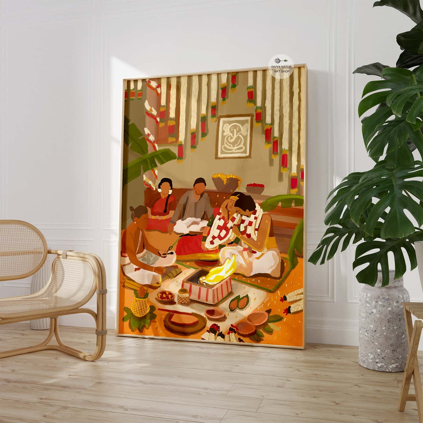 Traditional Tamil wedding art print featuring family blessings and sacred fire