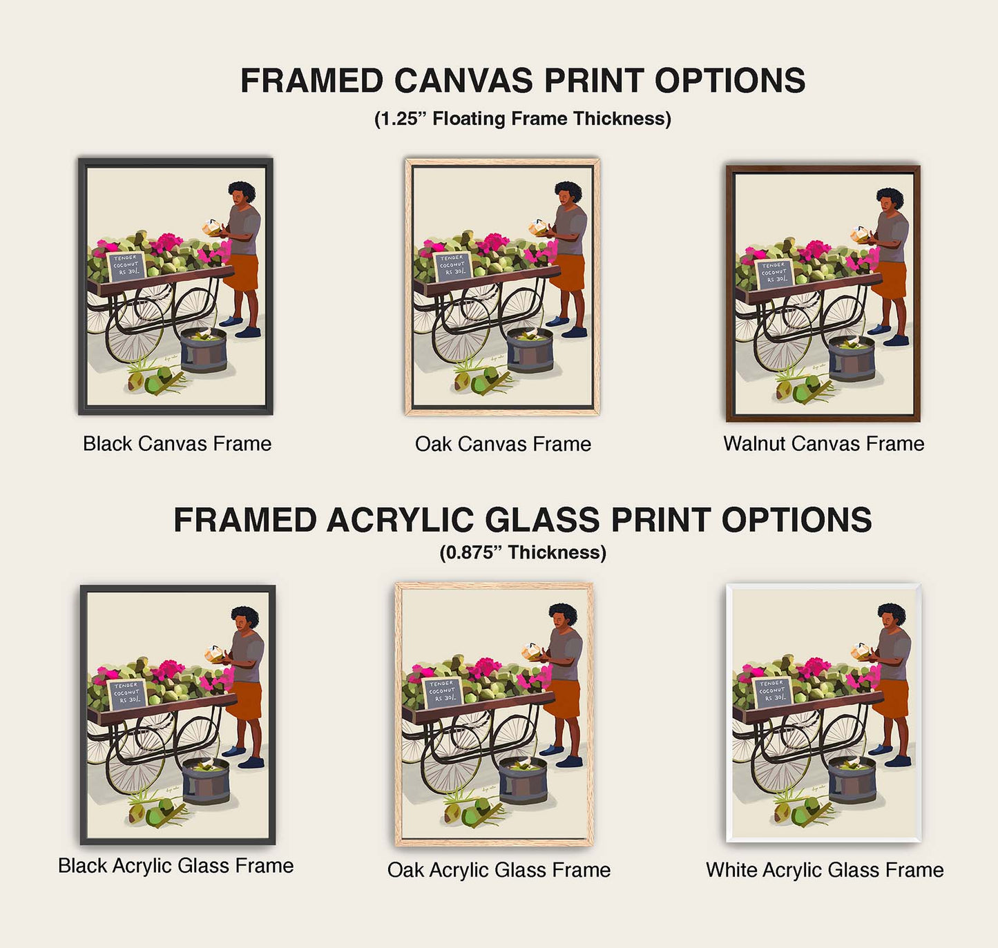 Tropical street scene art print of a man cutting coconuts beside a vibrant green cart.