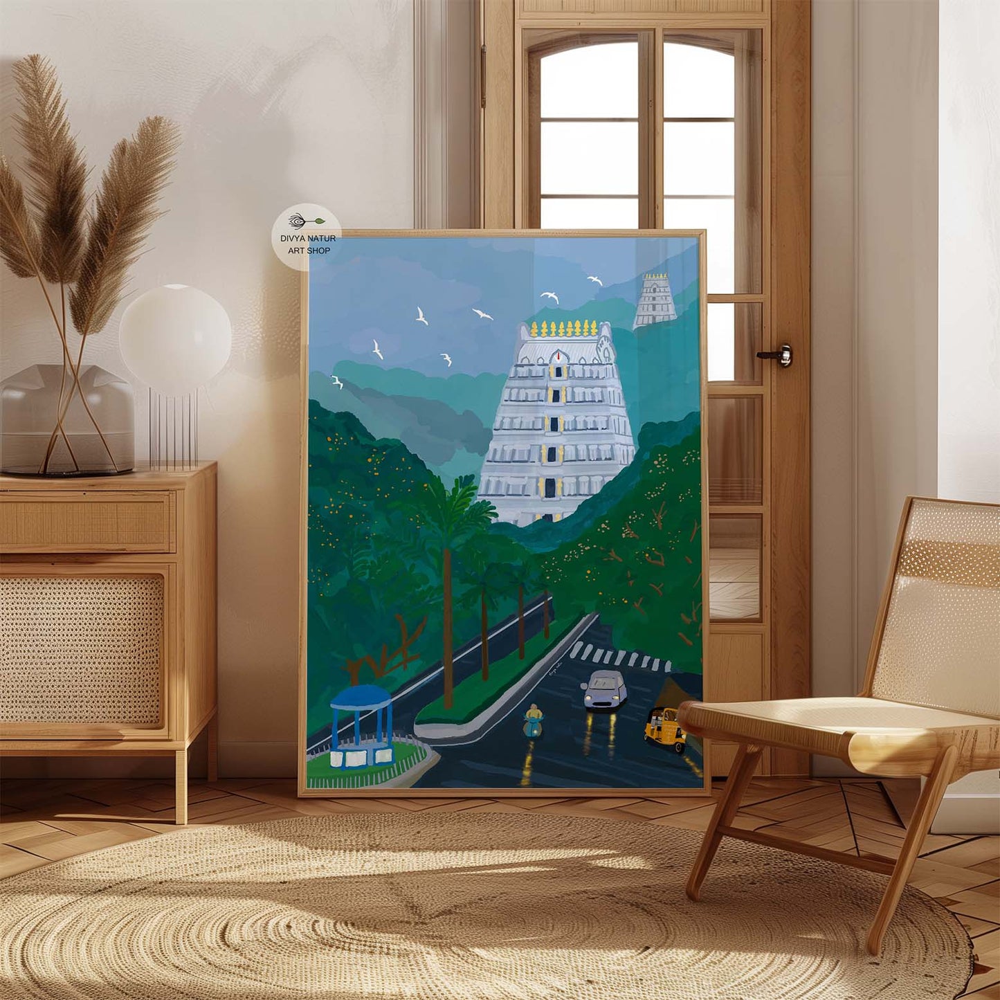 Temple art print with gopuram, greenery, and cultural Indian scenery
