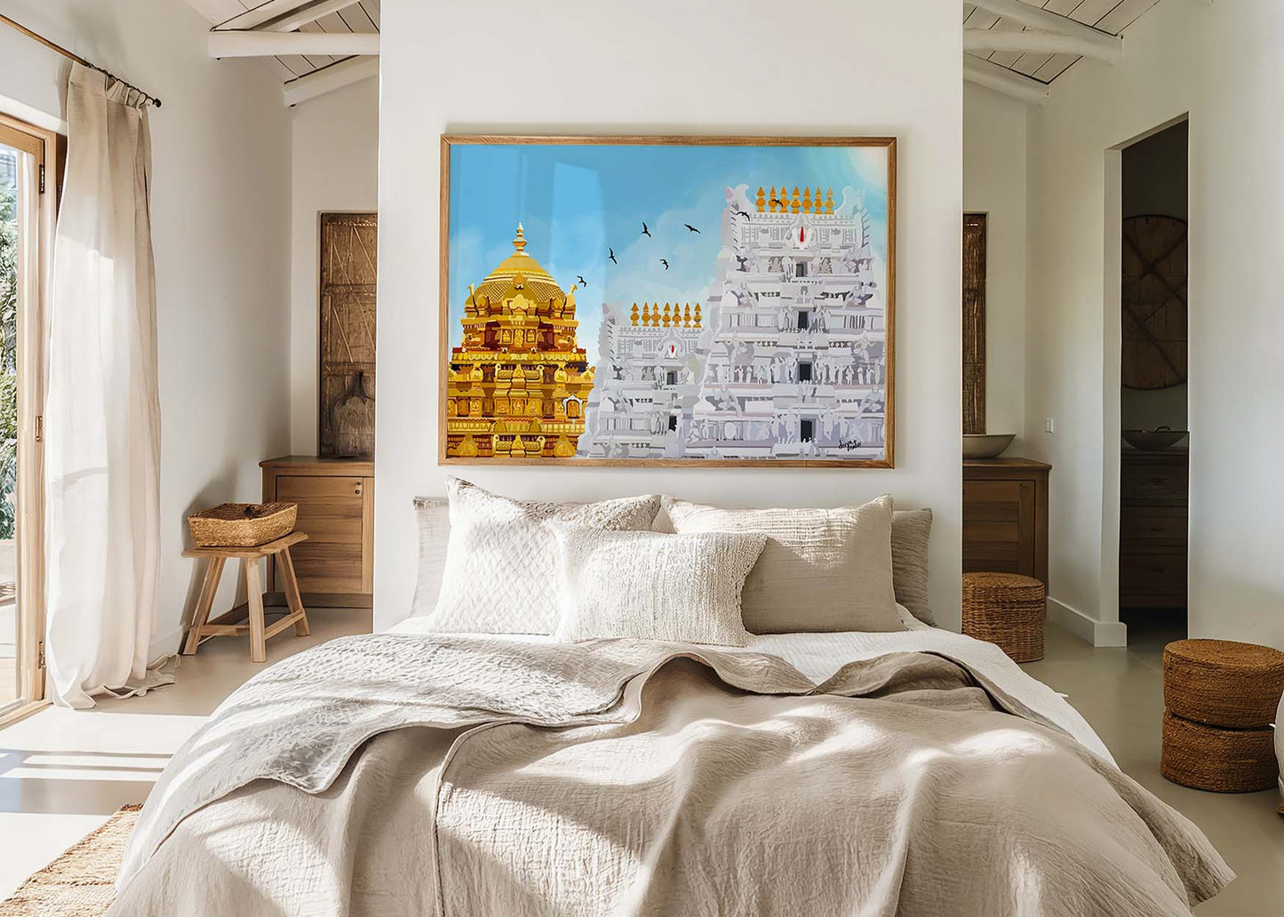 Tirupati Balaji artwork showcasing sacred temple architecture with golden Vimana and blue sky