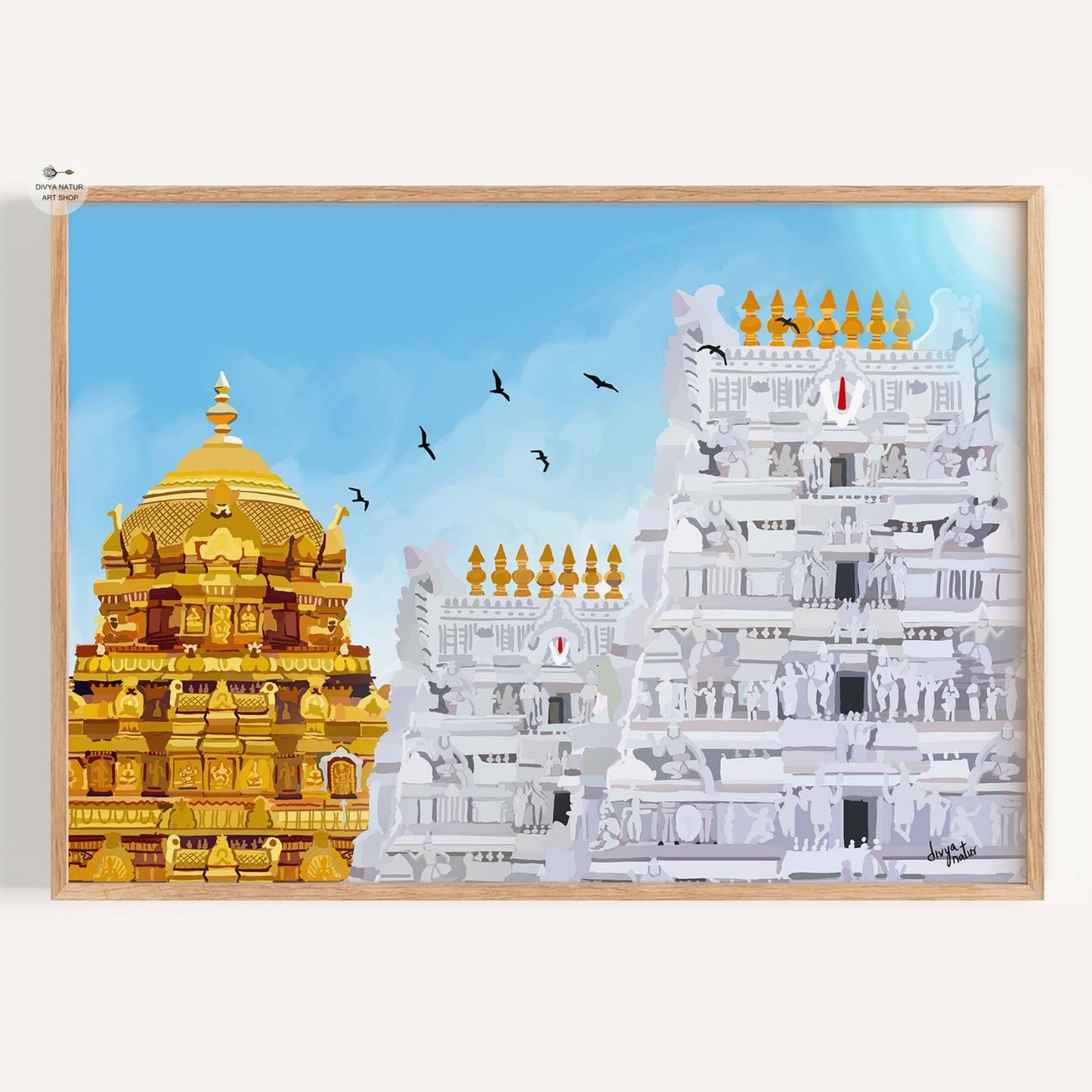 Tirupathi Temple art print with golden Vimana and tall gopuram set against calm blue sky backdrop
