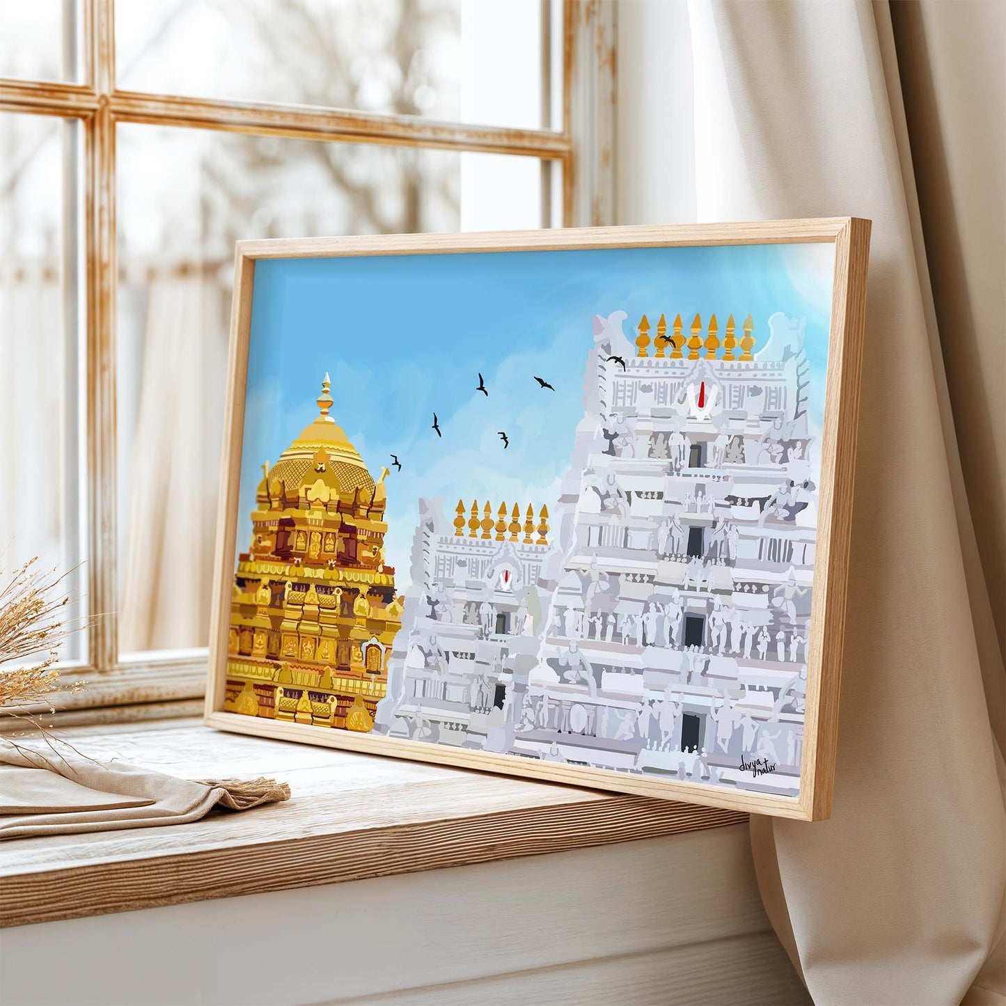 Peaceful Tirupati temple illustration with golden Vimana and gopuram under clear morning sky