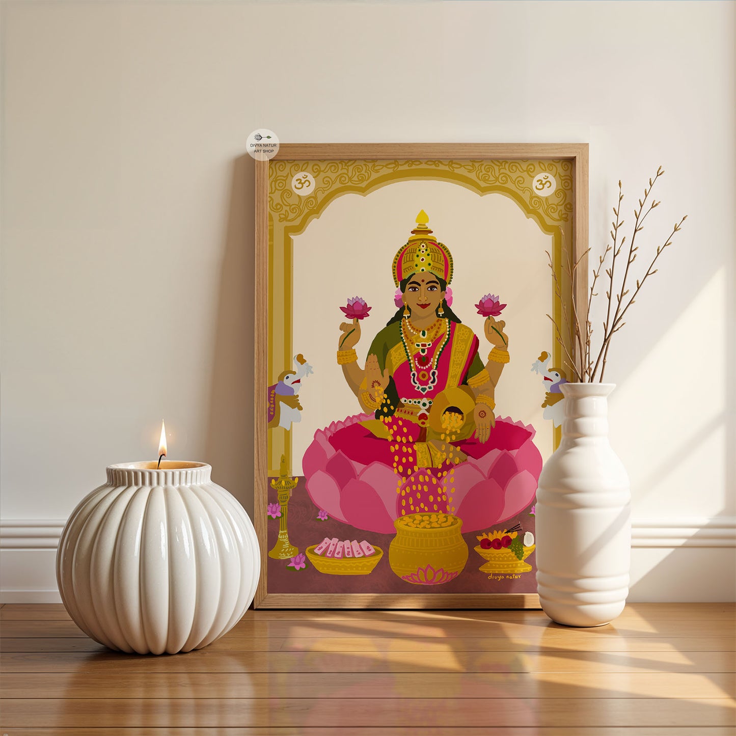 Premium Lakshmi Devi art print with elephants, sweets, and divine symbolism