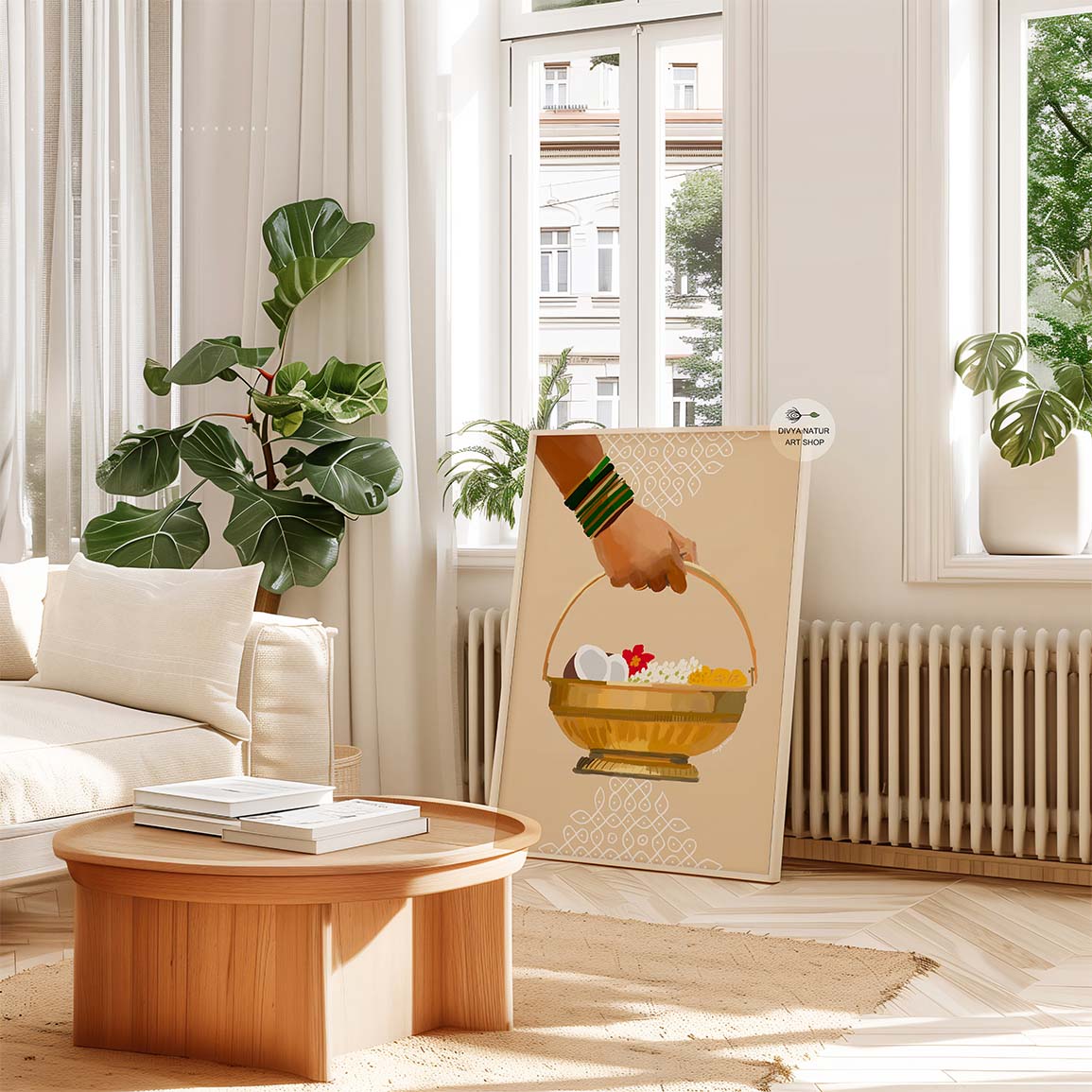 Golden puja basket with traditional offerings – perfect cultural wall art