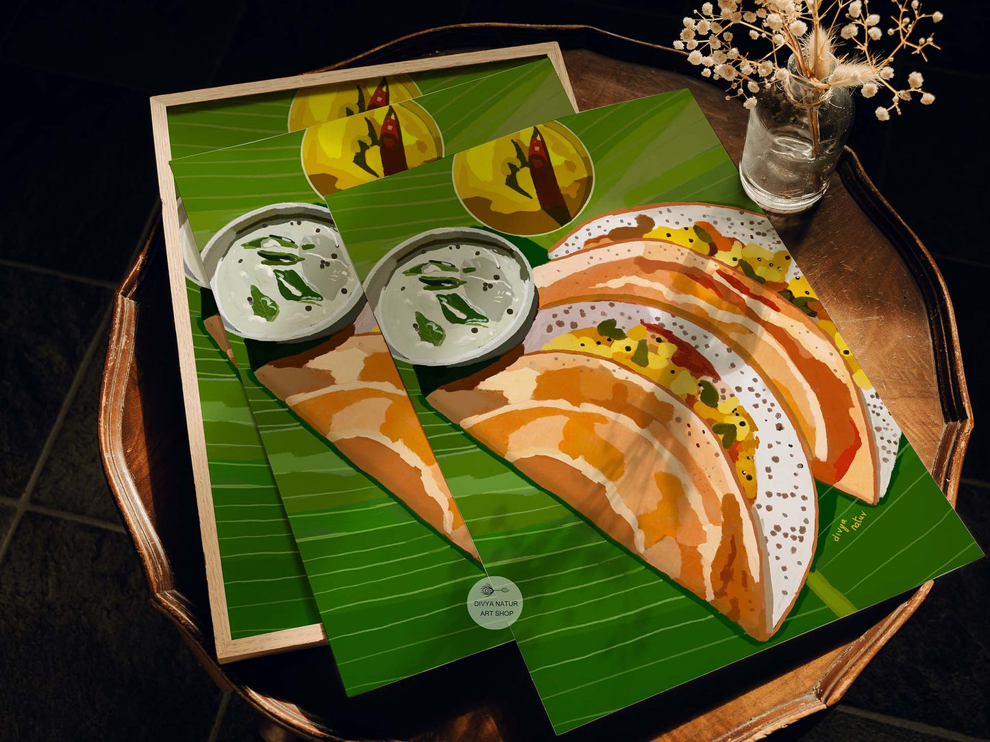 Foodie wall art featuring dosa with coconut chutney and sambar in detail.