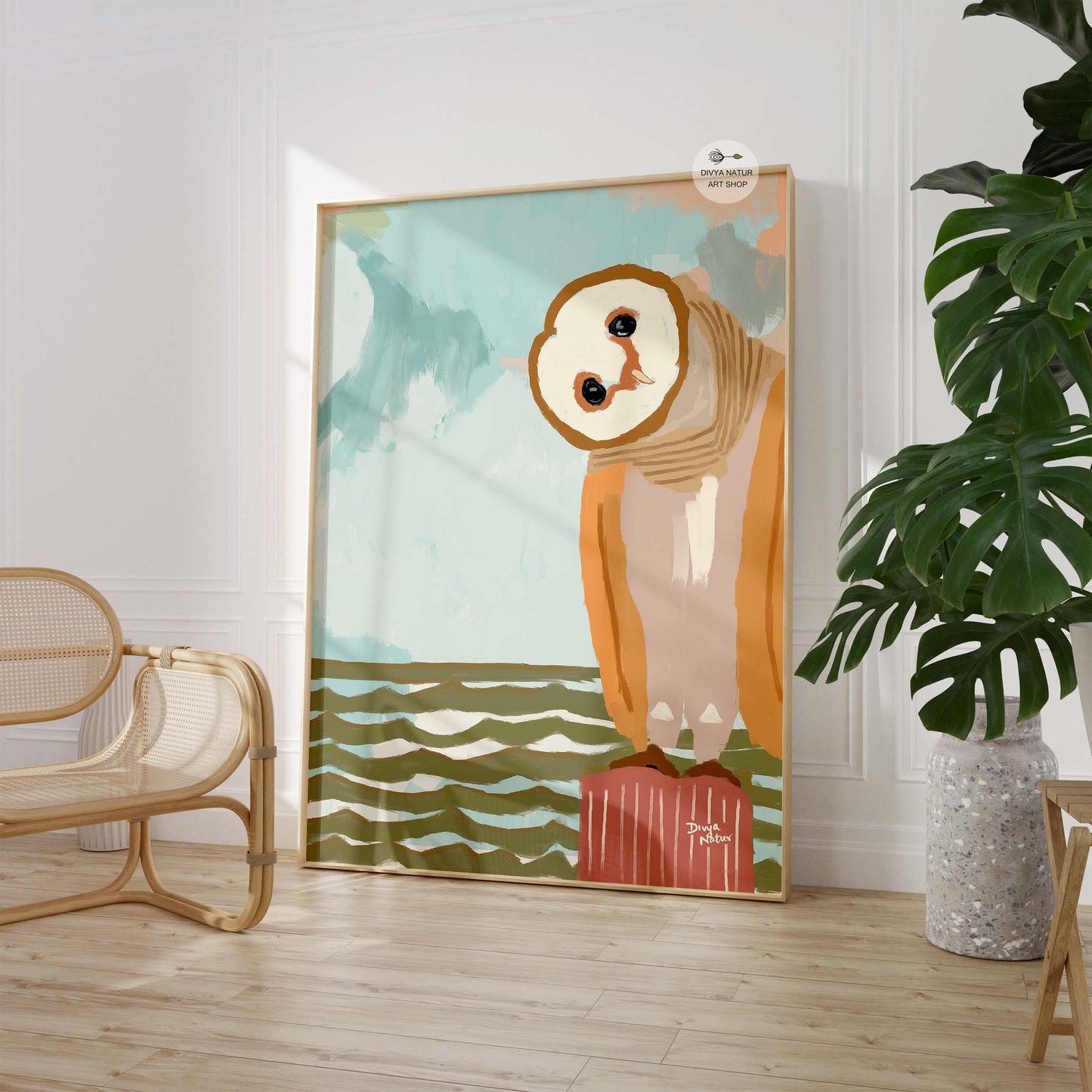 Barn owl wall art in ocean background, modern wildlife print with playful head tilt