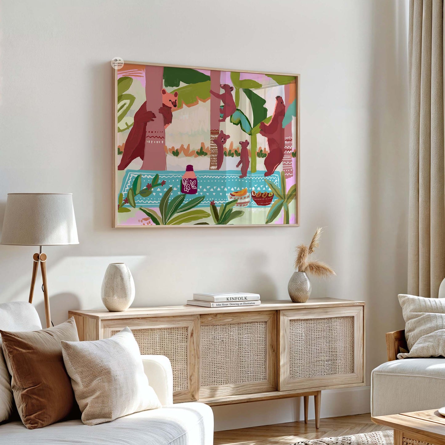 Cute and colorful wildlife artwork with bear family in jungle picnic scene, boho wall art print