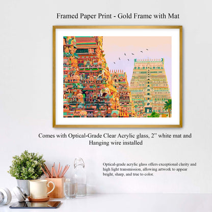 Srirangam Temple Art Framed paper print with gold frame and white mat on a white wall.