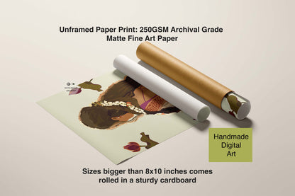 Indian Woman Art Unframed paper print with a roll of matte fine art paper on a light gray background