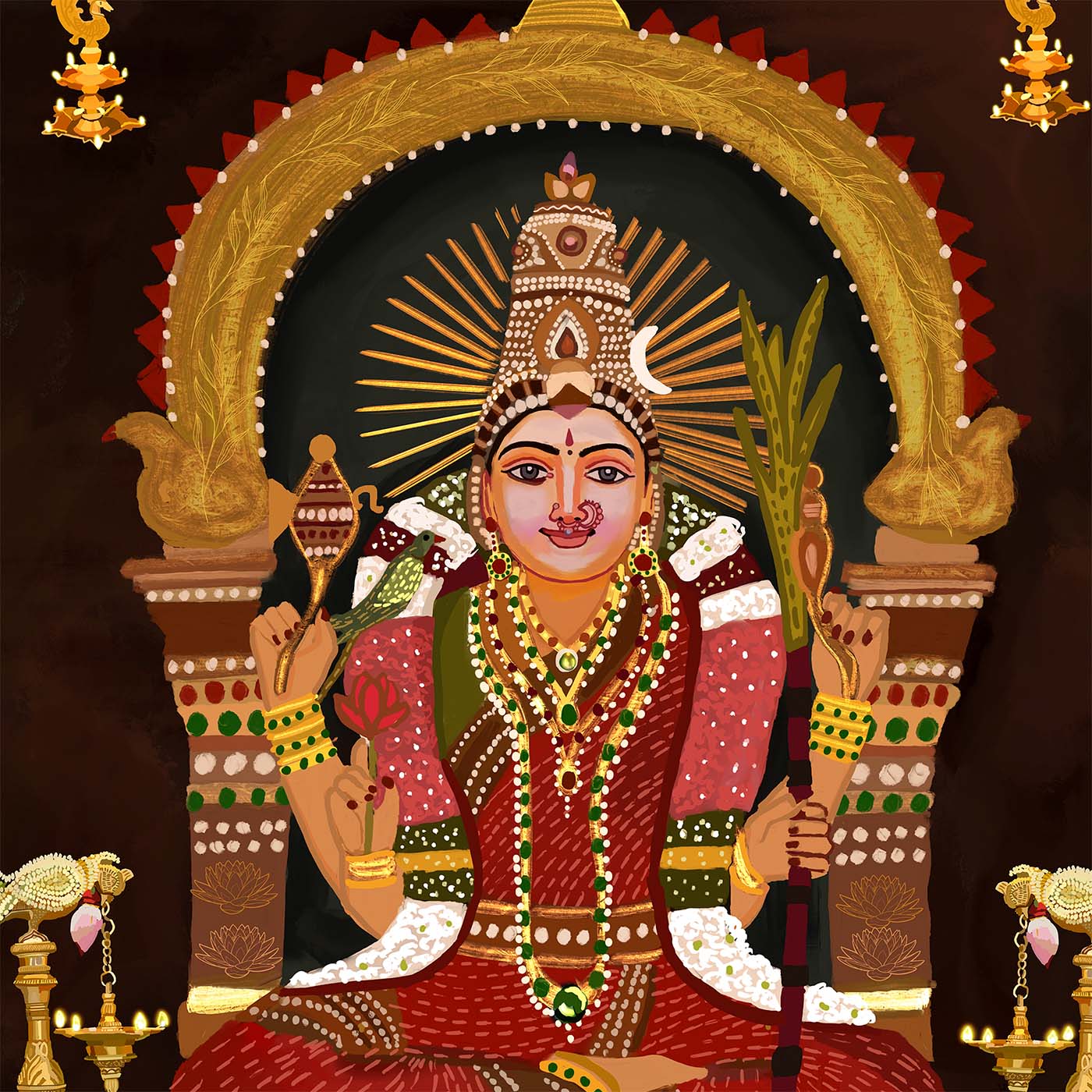 Lalitha Devi fine art print with dark background and traditional Indian temple-inspired details