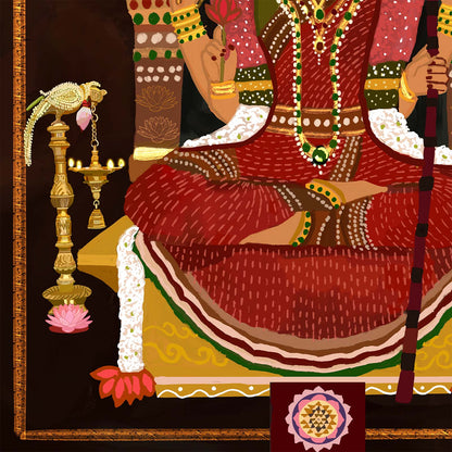 South Indian goddess Lalitha Devi depicted in rich tones with serene facial expression