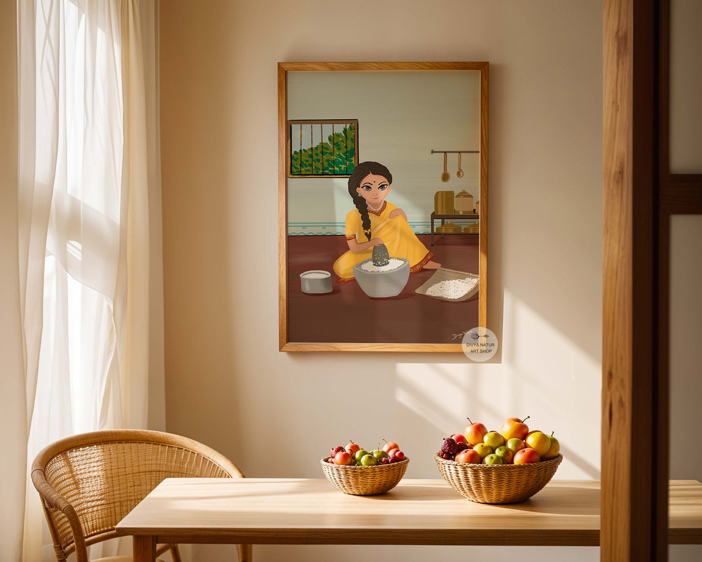 Digital painting of a woman in a saree using a stone grinder in a rural kitchen