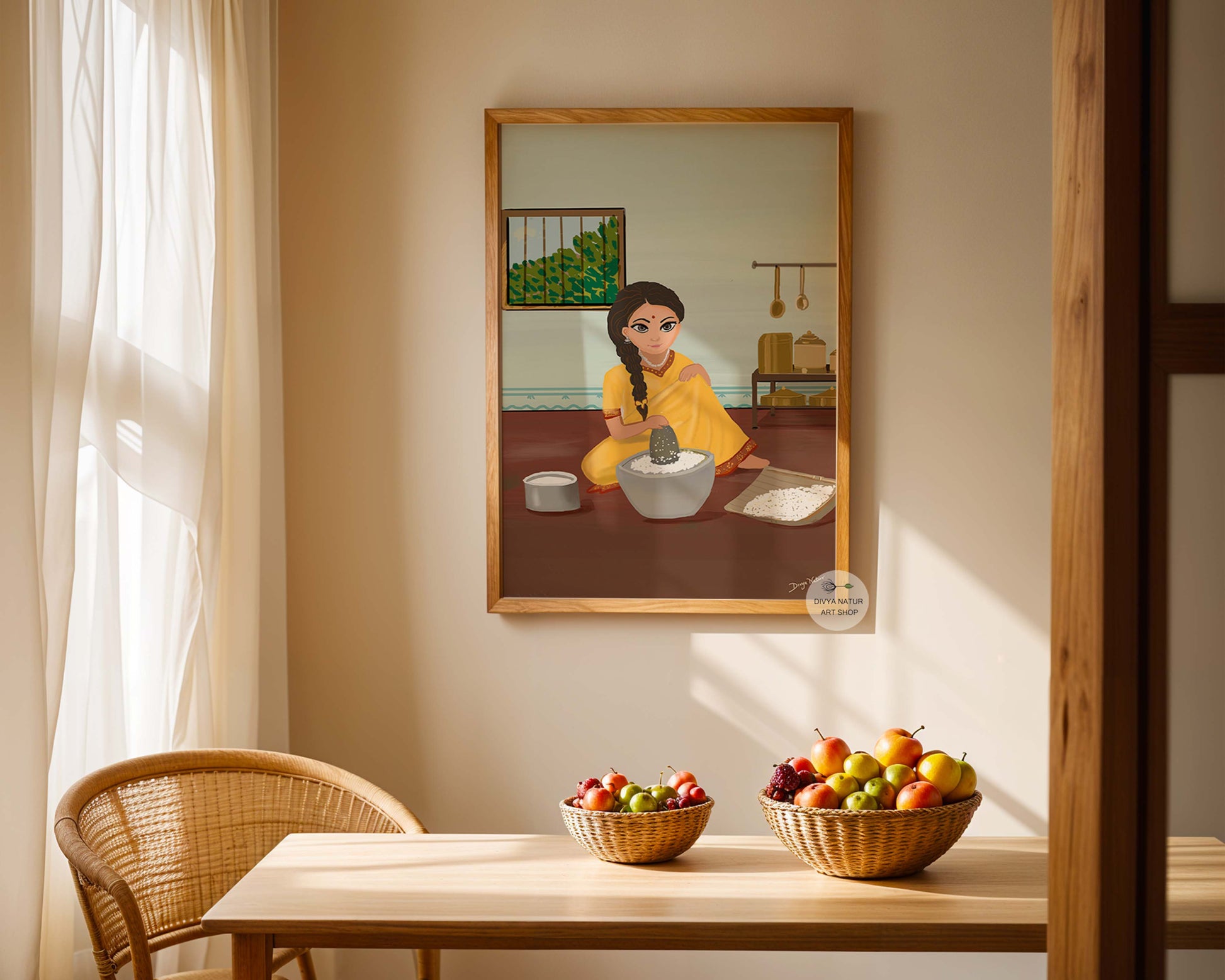 Digital painting of a woman in a saree using a stone grinder in a rural kitchen