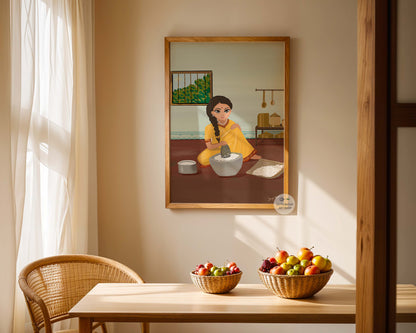 Digital painting of a woman in a saree using a stone grinder in a rural kitchen