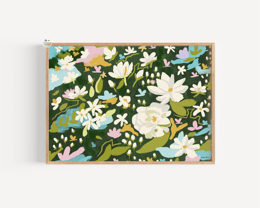 Jasmine flower art print with white blooms and green leaves for home wall décor